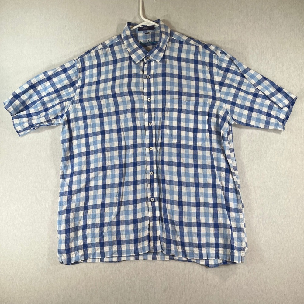 Alan Flusser Shirt Mens XL 100% Linen Short Sleeve Blue White Plaid Button Down